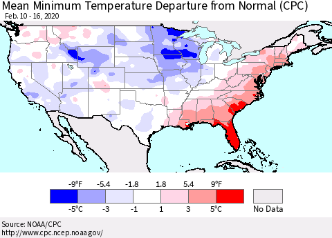 United States Mean Minimum Temperature Departure from Normal (CPC) Thematic Map For 2/10/2020 - 2/16/2020
