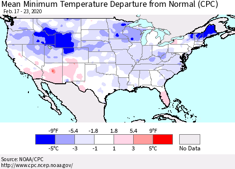 United States Mean Minimum Temperature Departure from Normal (CPC) Thematic Map For 2/17/2020 - 2/23/2020
