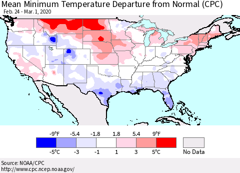 United States Mean Minimum Temperature Departure from Normal (CPC) Thematic Map For 2/24/2020 - 3/1/2020