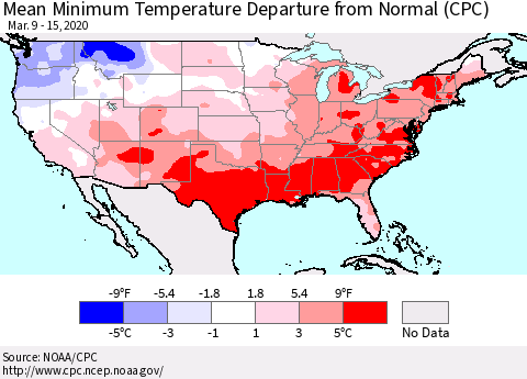 United States Minimum Temperature Departure From Normal (CPC) Thematic Map For 3/9/2020 - 3/15/2020