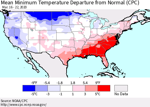 United States Minimum Temperature Departure From Normal (CPC) Thematic Map For 3/16/2020 - 3/22/2020