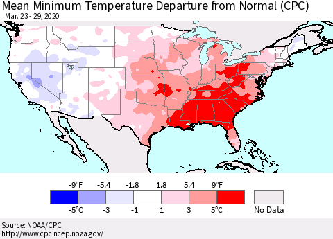 United States Minimum Temperature Departure From Normal (CPC) Thematic Map For 3/23/2020 - 3/29/2020