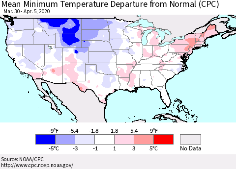 United States Minimum Temperature Departure From Normal (CPC) Thematic Map For 3/30/2020 - 4/5/2020
