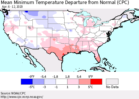 United States Mean Minimum Temperature Departure from Normal (CPC) Thematic Map For 4/6/2020 - 4/12/2020