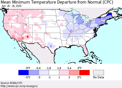 United States Mean Minimum Temperature Departure from Normal (CPC) Thematic Map For 4/20/2020 - 4/26/2020