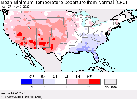 United States Mean Minimum Temperature Departure from Normal (CPC) Thematic Map For 4/27/2020 - 5/3/2020