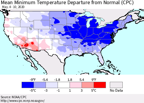 United States Mean Minimum Temperature Departure from Normal (CPC) Thematic Map For 5/4/2020 - 5/10/2020