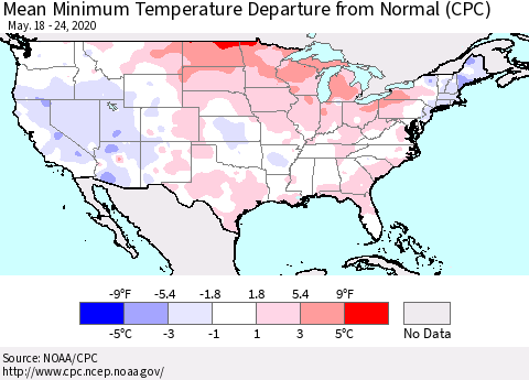 United States Minimum Temperature Departure From Normal (CPC) Thematic Map For 5/18/2020 - 5/24/2020