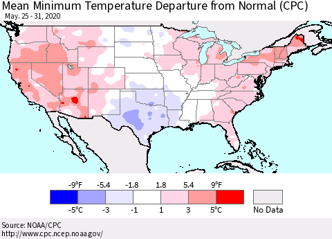 United States Mean Minimum Temperature Departure from Normal (CPC) Thematic Map For 5/25/2020 - 5/31/2020