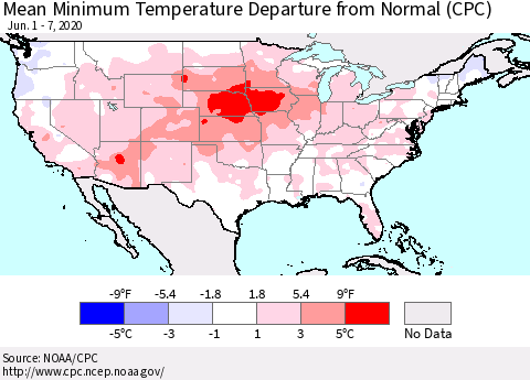 United States Mean Minimum Temperature Departure from Normal (CPC) Thematic Map For 6/1/2020 - 6/7/2020