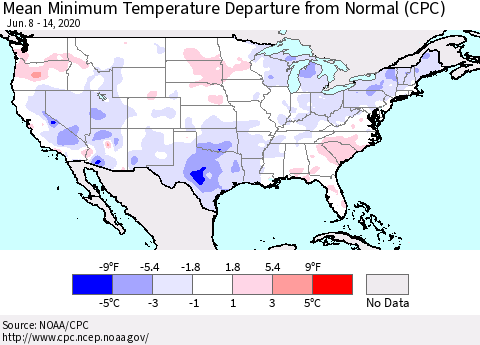 United States Mean Minimum Temperature Departure from Normal (CPC) Thematic Map For 6/8/2020 - 6/14/2020
