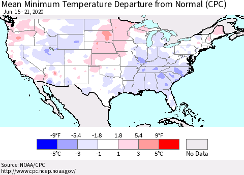 United States Mean Minimum Temperature Departure from Normal (CPC) Thematic Map For 6/15/2020 - 6/21/2020