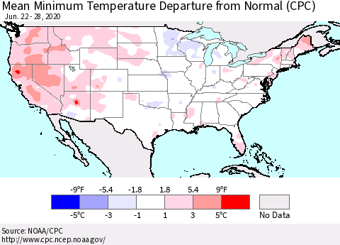 United States Minimum Temperature Departure From Normal (CPC) Thematic Map For 6/22/2020 - 6/28/2020