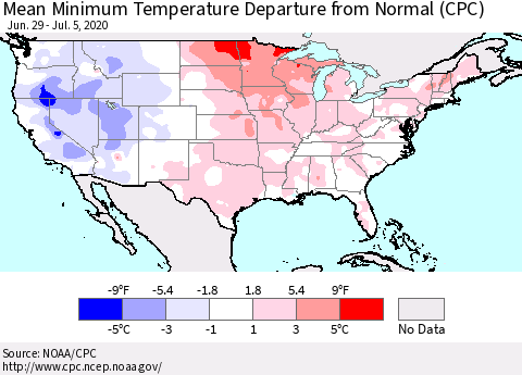 United States Mean Minimum Temperature Departure from Normal (CPC) Thematic Map For 6/29/2020 - 7/5/2020