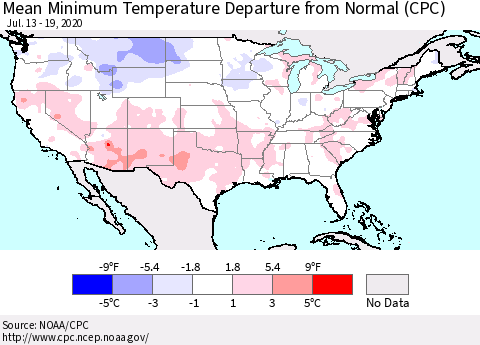 United States Minimum Temperature Departure From Normal (CPC) Thematic Map For 7/13/2020 - 7/19/2020