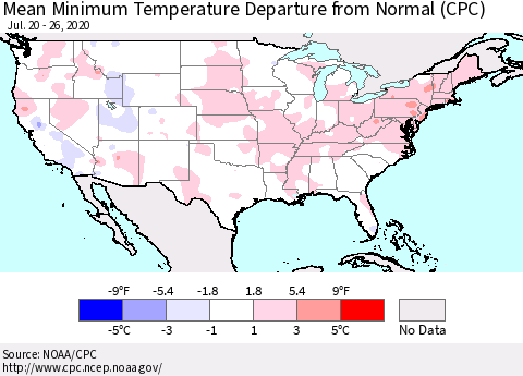 United States Mean Minimum Temperature Departure from Normal (CPC) Thematic Map For 7/20/2020 - 7/26/2020