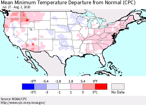 United States Minimum Temperature Departure From Normal (CPC) Thematic Map For 7/27/2020 - 8/2/2020
