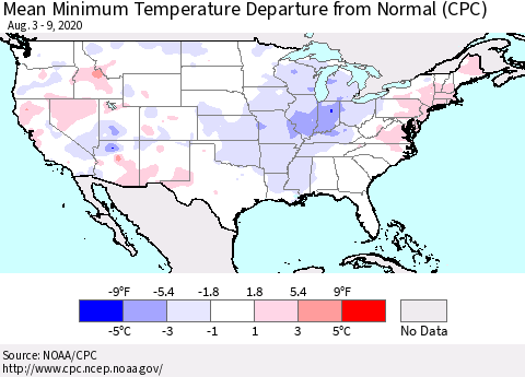 United States Mean Minimum Temperature Departure from Normal (CPC) Thematic Map For 8/3/2020 - 8/9/2020