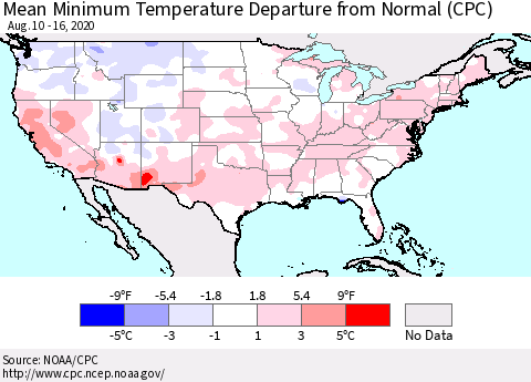 United States Minimum Temperature Departure From Normal (CPC) Thematic Map For 8/10/2020 - 8/16/2020