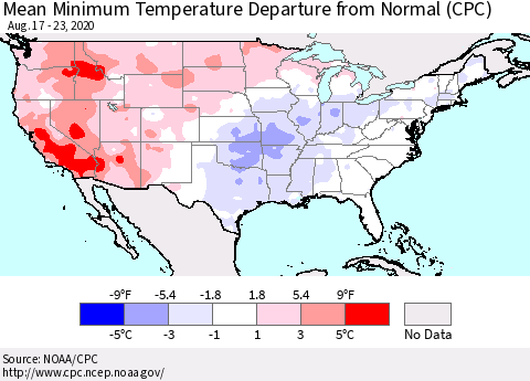 United States Mean Minimum Temperature Departure from Normal (CPC) Thematic Map For 8/17/2020 - 8/23/2020