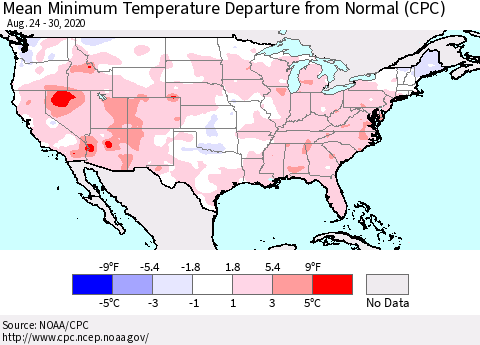 United States Minimum Temperature Departure From Normal (CPC) Thematic Map For 8/24/2020 - 8/30/2020