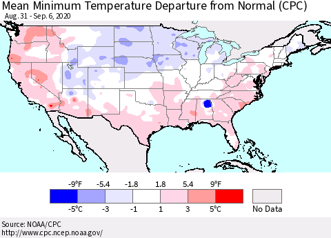 United States Minimum Temperature Departure From Normal (CPC) Thematic Map For 8/31/2020 - 9/6/2020