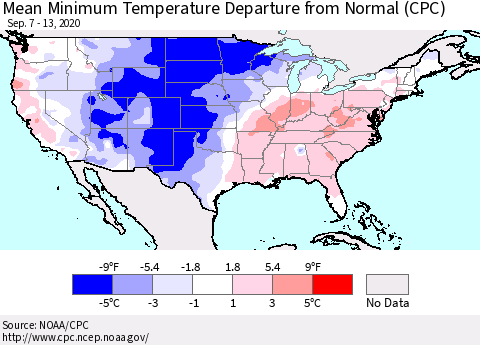 United States Minimum Temperature Departure From Normal (CPC) Thematic Map For 9/7/2020 - 9/13/2020