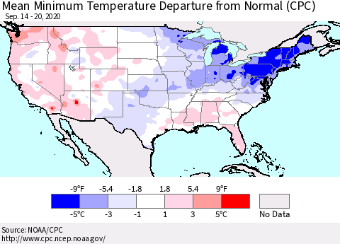 United States Minimum Temperature Departure From Normal (CPC) Thematic Map For 9/14/2020 - 9/20/2020