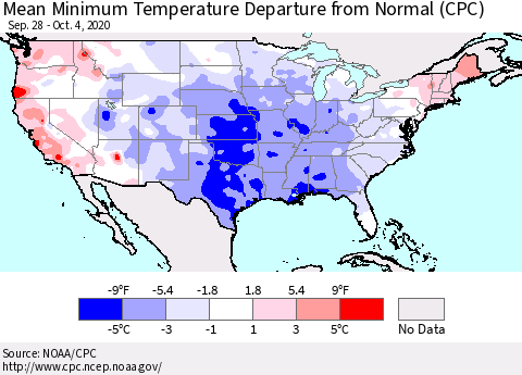 United States Mean Minimum Temperature Departure from Normal (CPC) Thematic Map For 9/28/2020 - 10/4/2020