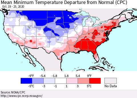 United States Mean Minimum Temperature Departure from Normal (CPC) Thematic Map For 10/19/2020 - 10/25/2020