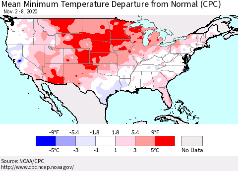 United States Minimum Temperature Departure From Normal (CPC) Thematic Map For 11/2/2020 - 11/8/2020