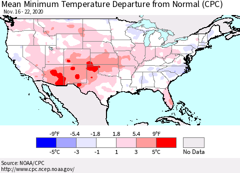 United States Mean Minimum Temperature Departure from Normal (CPC) Thematic Map For 11/16/2020 - 11/22/2020