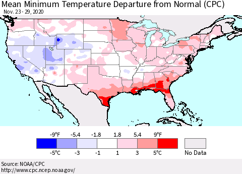 United States Mean Minimum Temperature Departure from Normal (CPC) Thematic Map For 11/23/2020 - 11/29/2020