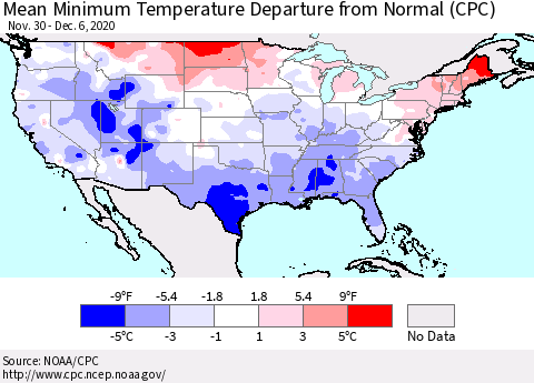 United States Mean Minimum Temperature Departure from Normal (CPC) Thematic Map For 11/30/2020 - 12/6/2020
