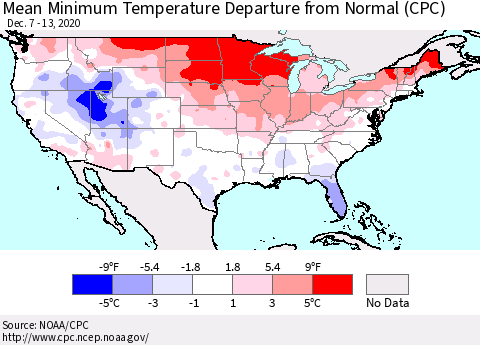 United States Mean Minimum Temperature Departure from Normal (CPC) Thematic Map For 12/7/2020 - 12/13/2020