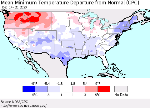 United States Mean Minimum Temperature Departure from Normal (CPC) Thematic Map For 12/14/2020 - 12/20/2020