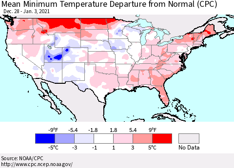 United States Mean Minimum Temperature Departure from Normal (CPC) Thematic Map For 12/28/2020 - 1/3/2021
