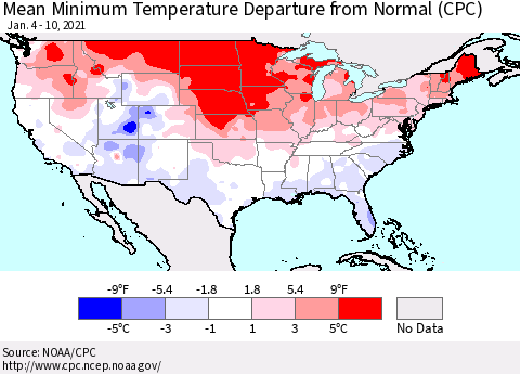 United States Mean Minimum Temperature Departure from Normal (CPC) Thematic Map For 1/4/2021 - 1/10/2021