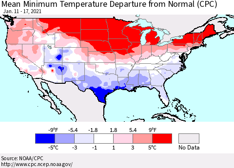 United States Mean Minimum Temperature Departure from Normal (CPC) Thematic Map For 1/11/2021 - 1/17/2021