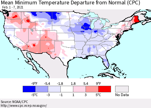 United States Mean Minimum Temperature Departure from Normal (CPC) Thematic Map For 2/1/2021 - 2/7/2021