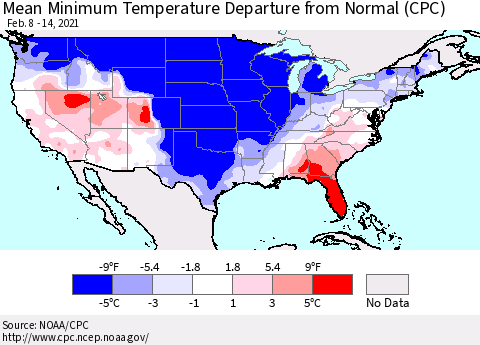 United States Mean Minimum Temperature Departure from Normal (CPC) Thematic Map For 2/8/2021 - 2/14/2021