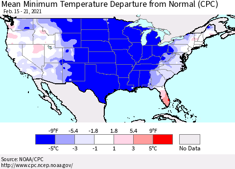 United States Mean Minimum Temperature Departure from Normal (CPC) Thematic Map For 2/15/2021 - 2/21/2021