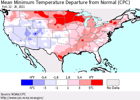 United States Mean Minimum Temperature Departure from Normal (CPC) Thematic Map For 2/22/2021 - 2/28/2021