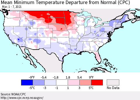 United States Mean Minimum Temperature Departure from Normal (CPC) Thematic Map For 3/1/2021 - 3/7/2021