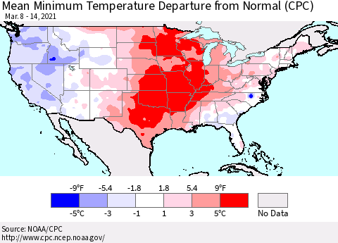 United States Minimum Temperature Departure From Normal (CPC) Thematic Map For 3/8/2021 - 3/14/2021