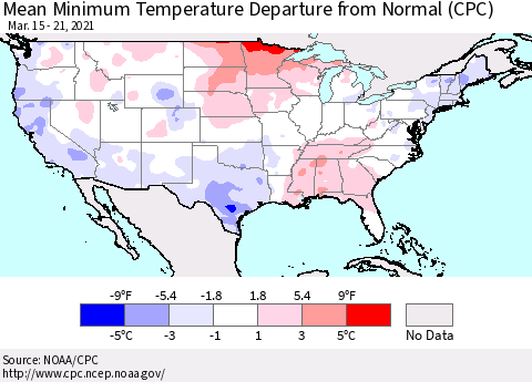 United States Mean Minimum Temperature Departure from Normal (CPC) Thematic Map For 3/15/2021 - 3/21/2021
