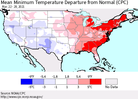United States Mean Minimum Temperature Departure from Normal (CPC) Thematic Map For 3/22/2021 - 3/28/2021