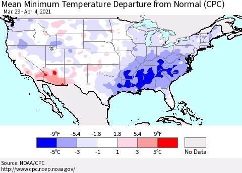 United States Mean Minimum Temperature Departure from Normal (CPC) Thematic Map For 3/29/2021 - 4/4/2021