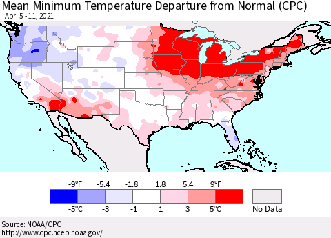United States Mean Minimum Temperature Departure from Normal (CPC) Thematic Map For 4/5/2021 - 4/11/2021
