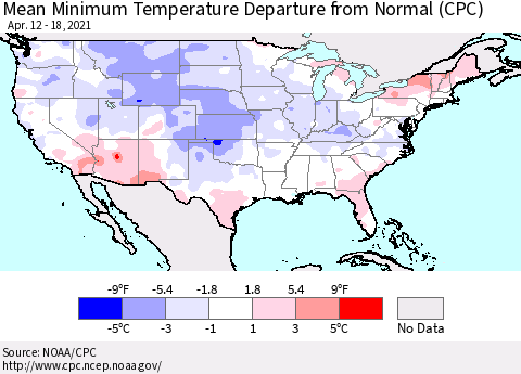 United States Mean Minimum Temperature Departure from Normal (CPC) Thematic Map For 4/12/2021 - 4/18/2021